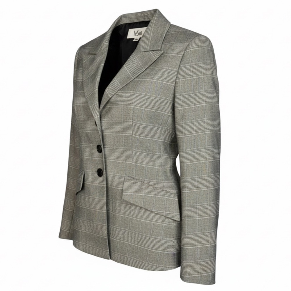 LE SUIT Houndstooth Blazer Black Plaid 3 Button Padded Shoulder Preppy Size 8